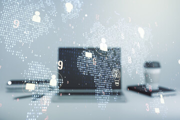 Double exposure of social network icons concept with world map and modern laptop on background. Marketing and promotion concept