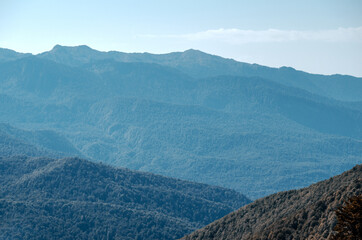 Views from the trekking trail Rosa Khutor Ski Resort, Sochi, Russia. Roza Pik is the summit of the Aibga mountain range, which is located at an altitude of 2320 m.