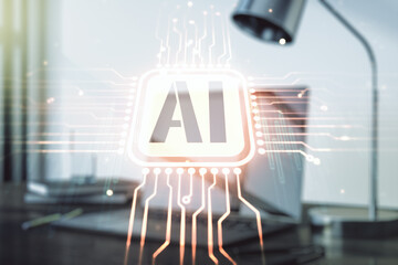 Creative artificial Intelligence symbol concept with modern laptop on background. Multiexposure