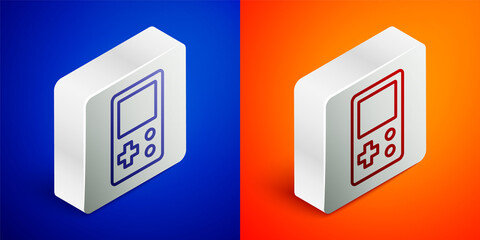 Isometric line Portable tetris electronic game icon isolated on blue and orange background. Vintage style pocket brick game. Interactive playing device. Silver square button. Vector.
