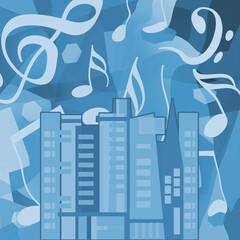 Music in the city, abstract art blue background