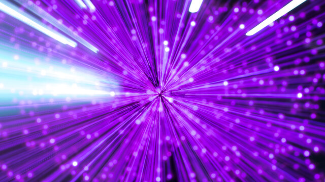 Abstract background with purple bokeh lights and beams directed at the center.(for background uses)