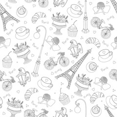 Paris seamless pattern with Hand drawn sketch elements - eiffel towerh, fashion items. Drawing doodle vector illustration, isolated on white