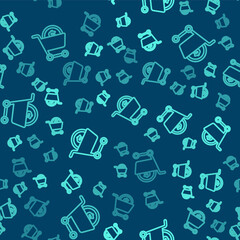 Green line Shopping cart and dollar symbol icon isolated seamless pattern on blue background. Online buying concept. Delivery service. Supermarket basket. Vector.