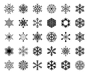 Big set of snowflake icons isolated on white background. Snow icons silhouette, winter, New year and Christmas decoration elements. Vector illustration