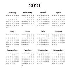 Vector calendar for 2021 year. Week starts Sunday