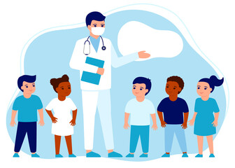 Doctor pediatrician and children. Presentation, lesson about immune system health. Knowledge health care kids. Prevention and treatment, vaccinations. Health care, protection, immunization. Vector