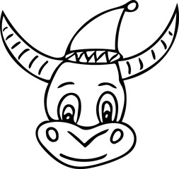 Single hand drawn element of Xmas and New Year.  Doodle vector illustration isolated on white background.  Winter elements for posters, stickers and greeting cards. The bull is the symbol of 2021.