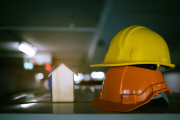 Multicolored Safety Construction Worker Hats. Teamwork of the construction team must have quality. Whether it is engineering, construction workers. Have a helmet to wear at work. For safety at work.