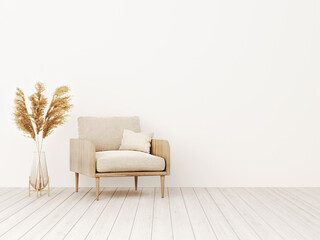 Living room interior wall mockup in warm tones with beige linen armchair and dried Pampas grass in trendy vase. Boho style decoration on empty wall background. 3D rendering, illustration.