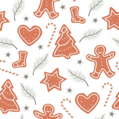Christmas seamless pattern with candy canes, gingerbreads and leafs. Repetitive vector pattern design on transparent background.