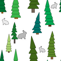 Grey rabbit bunny and green pine, fir tree, forest winter background, Christmas, children seamless pattern, textile