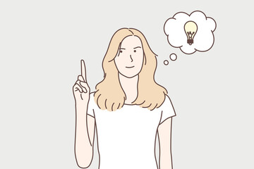 Young smiling woman having a good idea with gray background. and drawn style vector design illustrations.
