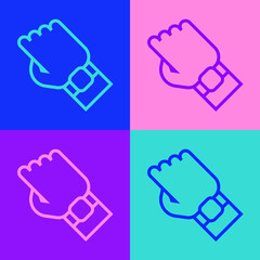 Pop art line Smart watch on hand icon isolated on color background. Fitness App concept. Vector.