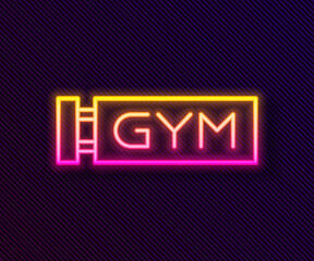 Glowing neon line Location gym icon isolated on black background. Vector.