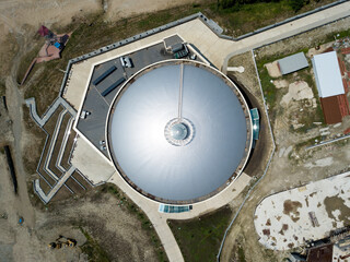 Aerial top down view of astronomical star observatory building. Round roof house. Modern postmodern...
