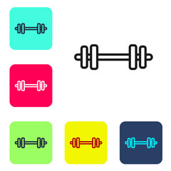 Black line Barbell icon isolated on white background. Muscle lifting icon, fitness barbell, gym, sports equipment, exercise bumbbell. Set icons in color square buttons. Vector.