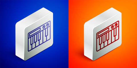 Isometric line Music synthesizer icon isolated on blue and orange background. Electronic piano. Silver square button. Vector.