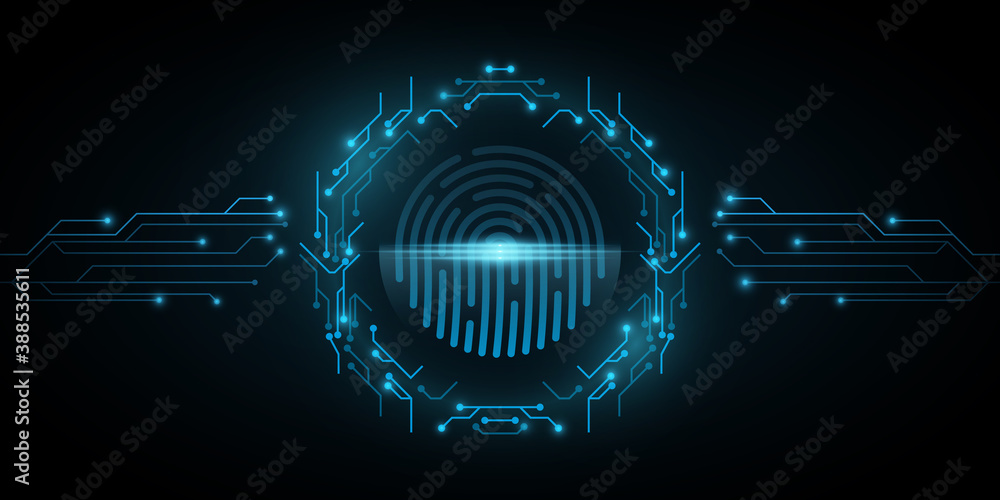 Poster human fingerprint scanner frame of circuit computer board. system software security and protection f