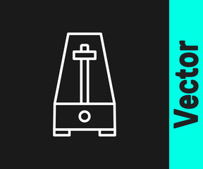 White line Classic Metronome with pendulum in motion icon isolated on black background. Equipment of music and beat mechanism. Vector.