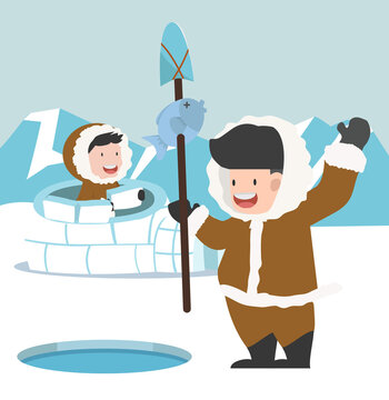 Eskimo fishing with building an igloo ice house