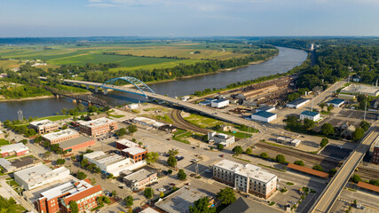 Aerial view looking at Utah Street highway 59 and the Missouri River in Atchison Kansas - obrazy, fototapety, plakaty