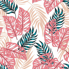 Fashionable seamless tropical pattern with bright plants and leaves on a delicate background. Summer colorful hawaiian. Vector design. Jungle print. Floral background. 