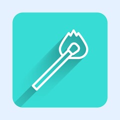 White line Burning match with fire icon isolated with long shadow. Match with fire. Matches sign. Green square button. Vector.