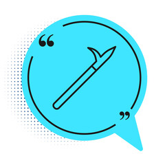 Black line Metal pike pole with wooden handle icon isolated on white background. Spear, pickaxe, hook hand extinguishing instrument and tool for fireman. Blue speech bubble symbol. Vector.