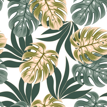 Original seamless tropical pattern with bright plants and leaves on a delicate background. Beautiful exotic plants.  Beautiful print with hand drawn exotic plants. Trendy summer Hawaii print.
