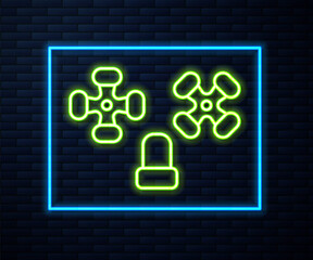 Glowing neon line Water tap icon isolated on brick wall background. Vector.
