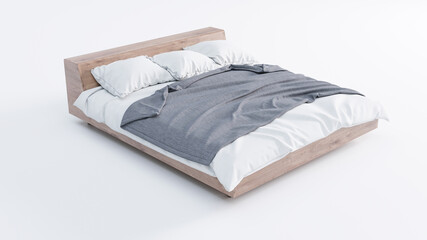 modernes und gemütliches Holzbett mit Kissen und Decke in weißem Raum