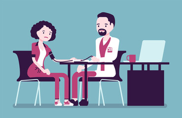 Blood pressure measurement, medicine test for young woman. Male doctor at table checking and examine patient health with aneroid sphygmomanometer cuff. Vector creative stylized illustration