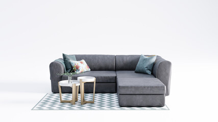 Sofa oder Couch mit Kissen und Tisch und Teppich