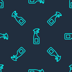 Green line Cleaning spray bottle with detergent liquid icon isolated seamless pattern on blue background. Vector.