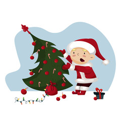 vector illustration of a little santa decorate a christmas tree. merry christmas card. a boy in a santa costume is catching a falling christmas tree