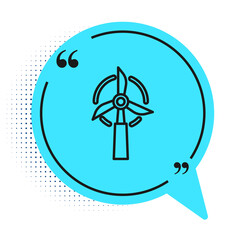 Black line Wind turbine icon isolated on white background. Wind generator sign. Windmill for electric power production. Blue speech bubble symbol. Vector.