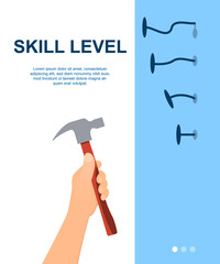 Skill level abstract concept. Mans hand hammers nails with hammer, gradually increasing skills and abilities. From beginner to skilled expert. Flat cartoon vector illustration with copyspace for text