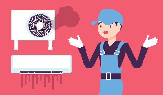 Air Conditioner unit system breakdown, damage after neglecting a regular maintenance. Repair technician in trouble, puzzled with broken ac, split system problem. Vector creative stylized illustration