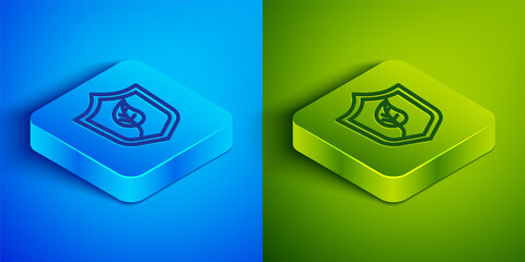 Isometric line Shield with leaf icon isolated on blue and green background. Eco-friendly security shield with leaf. Square button. Vector.