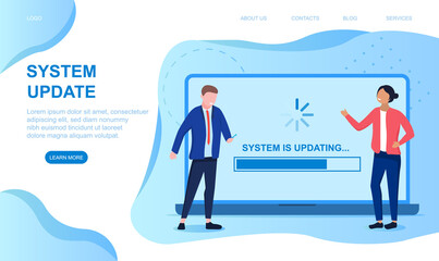 System update concept. Upgrade application, software updating. People update operation system. Can use for, landing page, template, ui, web, mobile app, poster, banner flyer Vector illustration