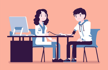 Obraz premium Blood pressure measurement, medicine test for young boy. Nurse, female doctor at table checking and examine patient health with aneroid sphygmomanometer. Vector creative stylized illustration