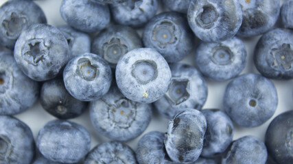 Close-up of ripe juicy blueberries on a white background.