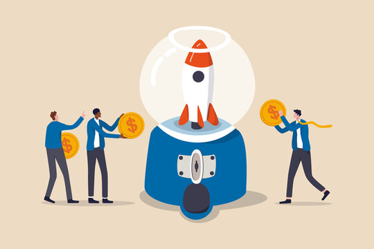 Fund raising, gather money to launch project or people contribute budget and financial support concept, people businessmen holding dollar money coins to contribute in gumball machine to launch rocket.