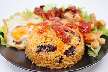 Fried rice with tomato sausage fried egg and sausage American food style 