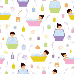 Seamless Vector Pattern on the Theme of Aromatherapy Bubble Bath. A Beautiful illustration of calm and relaxed mood. Colorful background with essential oil lamps, scent diffusers, and aromatic candles