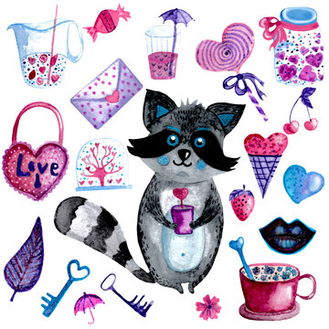 Raccoon with a flowerpot and love elements, hearts, drink, ice cream, lips watercolor image. For stickers, gifts, prints for Valentine's Day.