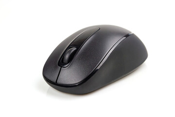 Black wireless mouse isolated on white background.
