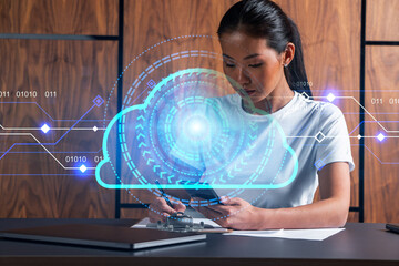 Woman takes notes with phone. Data cloud hologram. Multiexposure.