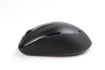 Black wireless mouse isolated on white background.